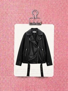 stradivarius Black Faux Leather Biker Jacket with Belt